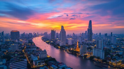 Obraz premium Sunset over chao phraya river bangkok aerial photography urban landscape vibrant colors serenity and beauty