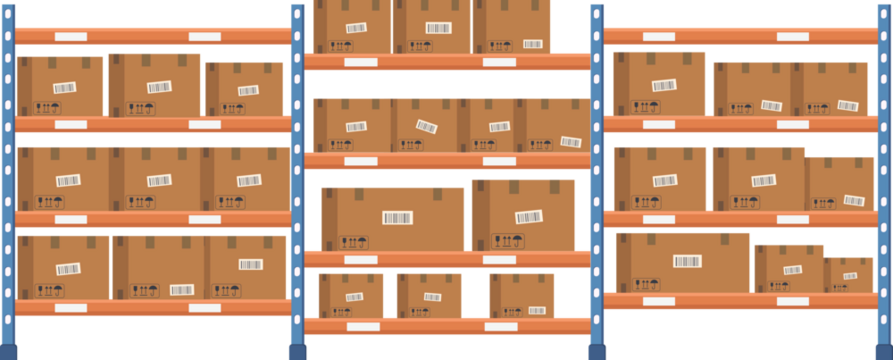 Pile cargo cardboard boxes on shelves Warehouse interior with racks