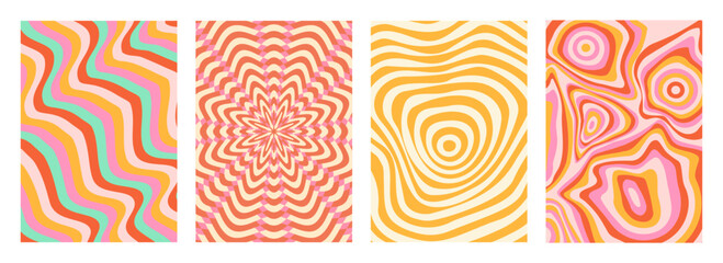 Optical illusion wave pattern set - psychedelic curvy stripe designs with concentric shapes. Vibrant pink, orange, yellow colors, abstract groovy background textures. 60s retro hippy swirl ornament.