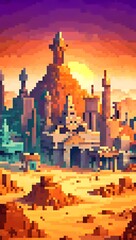 Desert cityscape pixel art background. 8-bit game assets