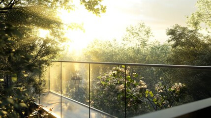 A positive viewing angle from a high modern penthouse balcony view of Lumpini park, bright sky, soft lighting, Thailand, glass fence, realistic rendering ,ultra detail, 32k 
