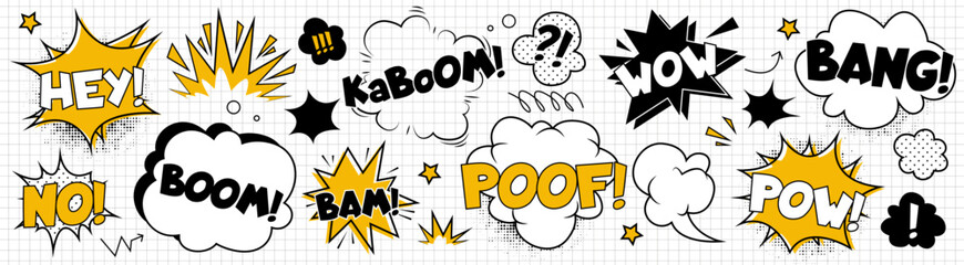 Comic book sound effects set - cartoon style boom, kaboom, wow and bang illustrations for making emotionally vivid speech bubbles. Black and yellow pop art visual elements on notebook page background. © klyaksun