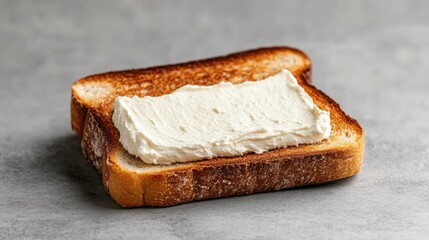 A slice of lightly toasted bread with creamy off-white cheese spread resting beautifully on a mottled gray surface creating an inviting presentation