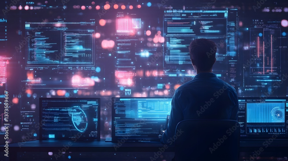 Aufkleber cybersecurity guardian: an expert observes complex data visualizations in a digital landscape, a rea