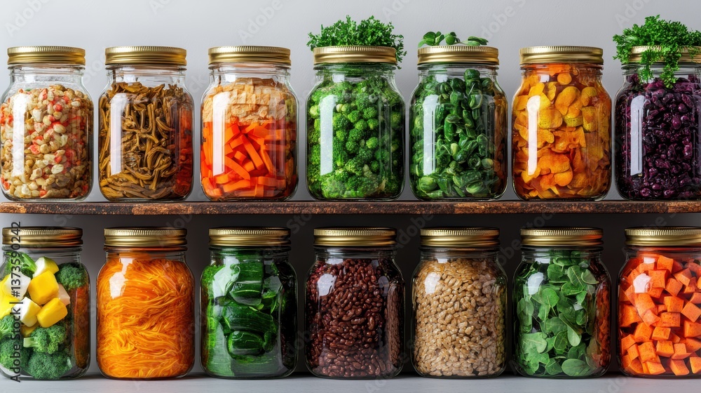 Poster two rows of colorful glass mason jars on rustic shelf displaying fresh prep vegetables grains legume
