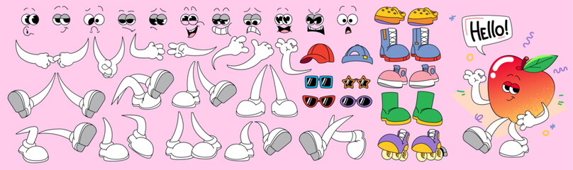 Cartoon apple groovy character creation kit - expressive hands and legs, faces and accessories collection for building fun animated personage. Colorful retro style body parts for puppet animation.