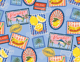 Trendy  seamless Summer Tropical Bliss Vacation Seamless pattern. Summer fruit, badges , Sticker