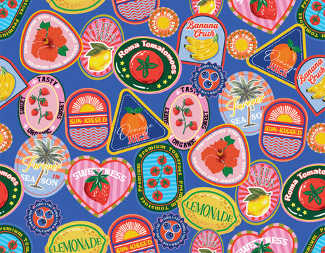 Trendy  seamless Summer Tropical Bliss Vacation Seamless pattern. Summer fruit, badges , Sticker