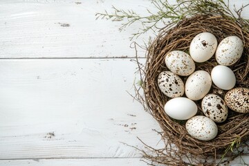 Easter background with eggs and quail eggs in a nest on a white wooden table, space for text