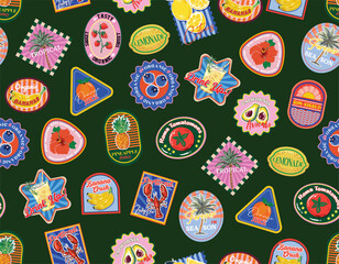 Trendy  seamless Summer Tropical Bliss Vacation Seamless pattern. Summer fruit, badges , Sticker , Oranges , flower, Lobster ,banana,beach vector Vibrant , Design for fashion , fabric, textile, and al