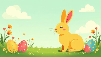 Cute yellow bunny sitting in a spring meadow with colorful Easter eggs.