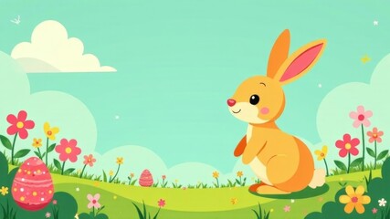 Cute yellow bunny sitting in a spring meadow with colorful Easter eggs.