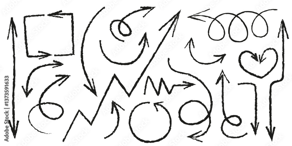 Poster set of handdrawn arrow doodles - rough black sketch collection of various direction pointers, curly 