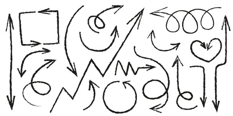 Set of handdrawn arrow doodles - rough black sketch collection of various direction pointers, curly swirls and circular loops. Freehand vector illustration elements for diagram and infographic design.
