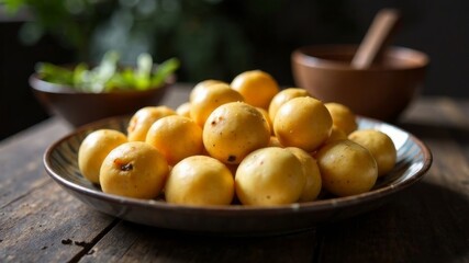 Fresh unpeeled baby potatoes on a ceramic plate on wooden table surface.