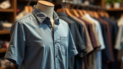 Fototapeta premium Casual short sleeve shirt on mannequin in stylish clothing store interior display.