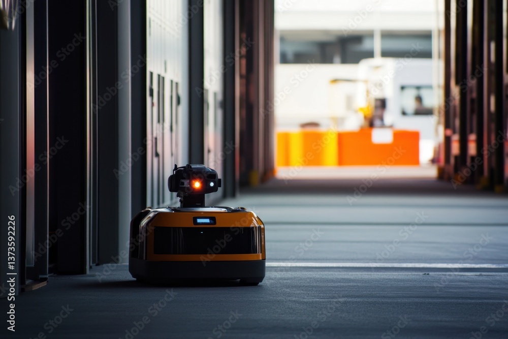 Poster robot navigating a modern warehouse corridor during the day for efficient logistics