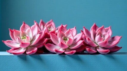 Pink succulent flowers arranged on blue surface with soft lighting and detail.