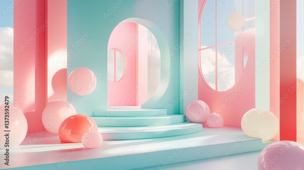 Poster whimsical pastel mint and pink gradient interior with soft spheres and playful architecture