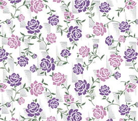 Roses pattern with ivy branches on diagonal lines