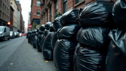 Obraz premium a pile of black garbage bags on the street