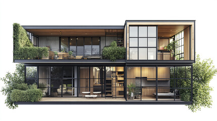 Obraz premium Modern loft style house with lush greenery and large windows