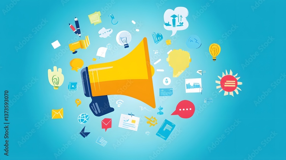 Poster amplifying ideas: a vibrant illustration showcases a megaphone at the center, surrounded by an array