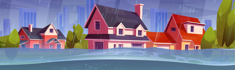 Flood in residential area, colorful houses submerged. Heavy rain caused natural disaster, water overflowing properties. Autumn trees, dramatic sky backdrop. Weather catastrophe impact on suburb.
