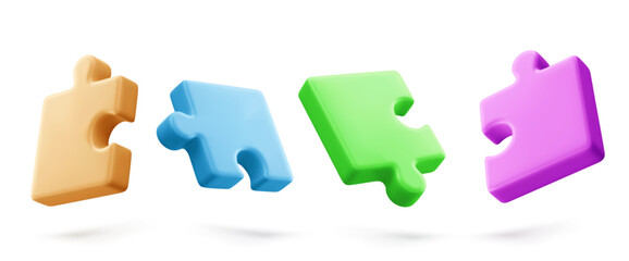 3D puzzle pieces set isolated on white background. Vector realistic illustration of color jigsaw game parts, kids early education toy, business teamwork or problem solution concept, match challenge