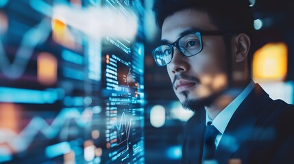 Data Analysis: A focused asian professional studies a screen with intricate data patterns. The scene is illuminated with a soft, cool light, reflecting an atmosphere of technological advancement.