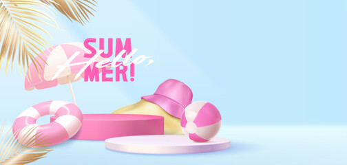 Hello summer banner with beach accessories on blue background. Vector realistic illustration of round platform, pink umbrella, ball, rubber ring, palm leaves, vacation travel, booking service poster