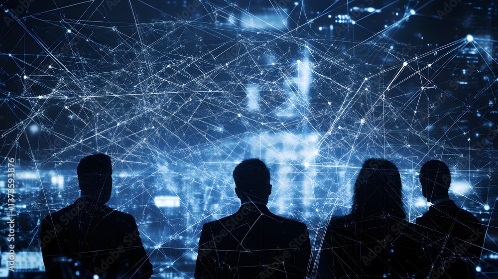 Poster digital horizon: a team of professionals gazes at a complex network representing interconnected digi