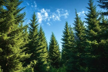 Behold magnificence of a luxuriant spruce forest, its verdant canopy reaching towards heavens, framed by a resplendent azure sky, and evoking a profound communion with awe-inspiring splendor of natura