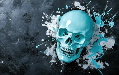 A colorful skull against an abstract background of paint splashes, combining elements of art and macabre aesthetics.