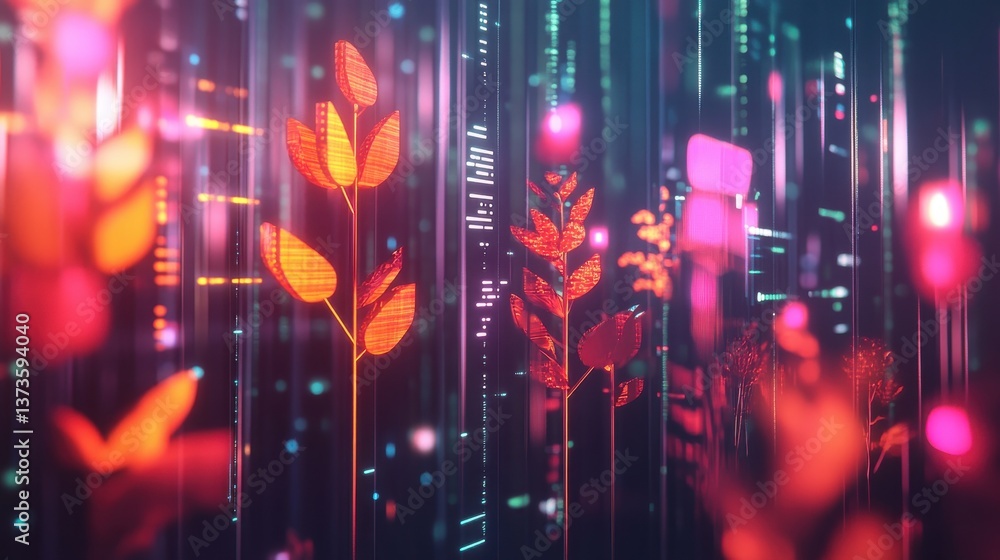 Poster Symbolic representation of AI-driven growth and transformation with vibrant foliage and digital elements