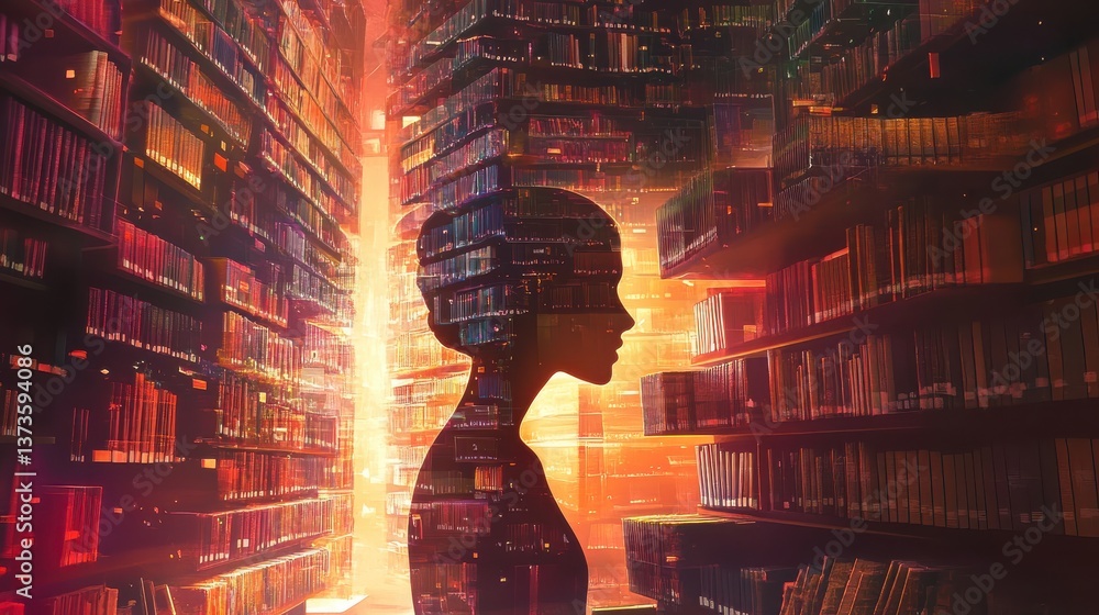 Aufkleber surreal visualization of a glowing woman in a library filled with vibrant colors and mystical light 