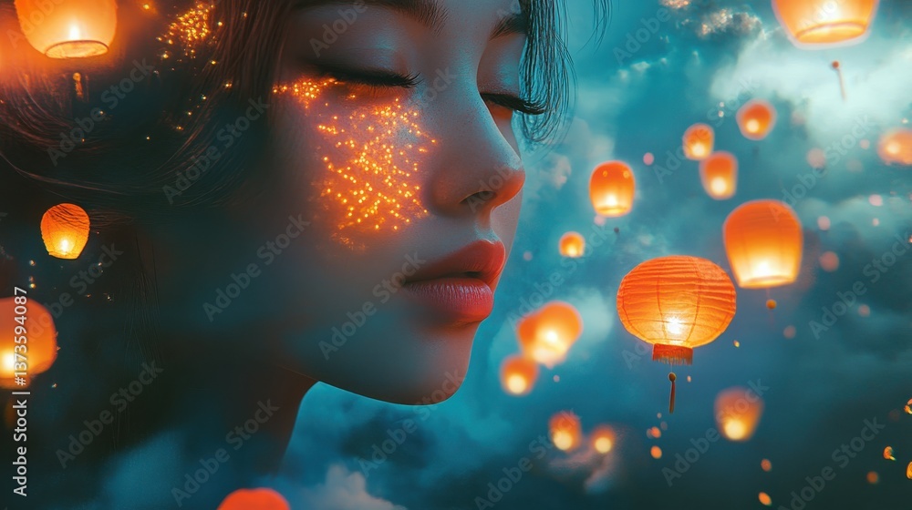 Leinwandbilder surreal visualization of a woman's face with floating lanterns in a dreamlike atmosphere at twilight