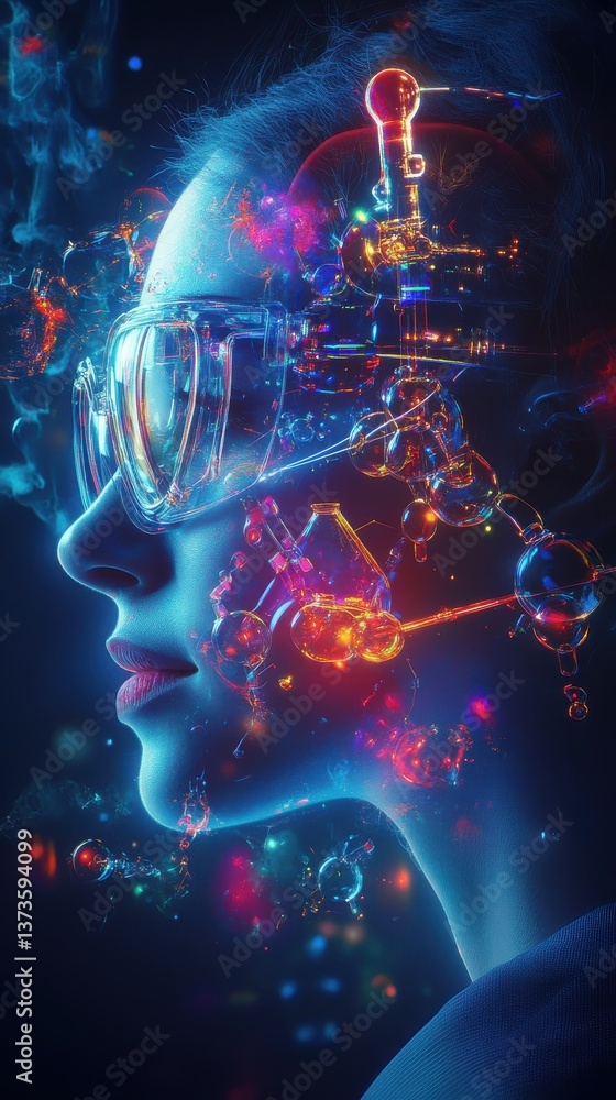 Poster surreal visualization of a scientist immersed in colorful molecular structures and futuristic elemen