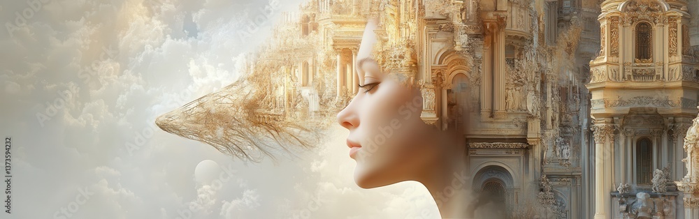 Poster Surreal woman glowing with ethereal forms and architectural elements at dusk in a dreamlike landscape