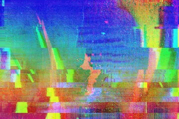 Fototapeta premium Vibrant glitch art pattern in neon rainbow colors with digital distortion, Y2K aesthetic, futuristic glow. Posters, digital art, funky banners, modern 90s, 2000s creative visuals.