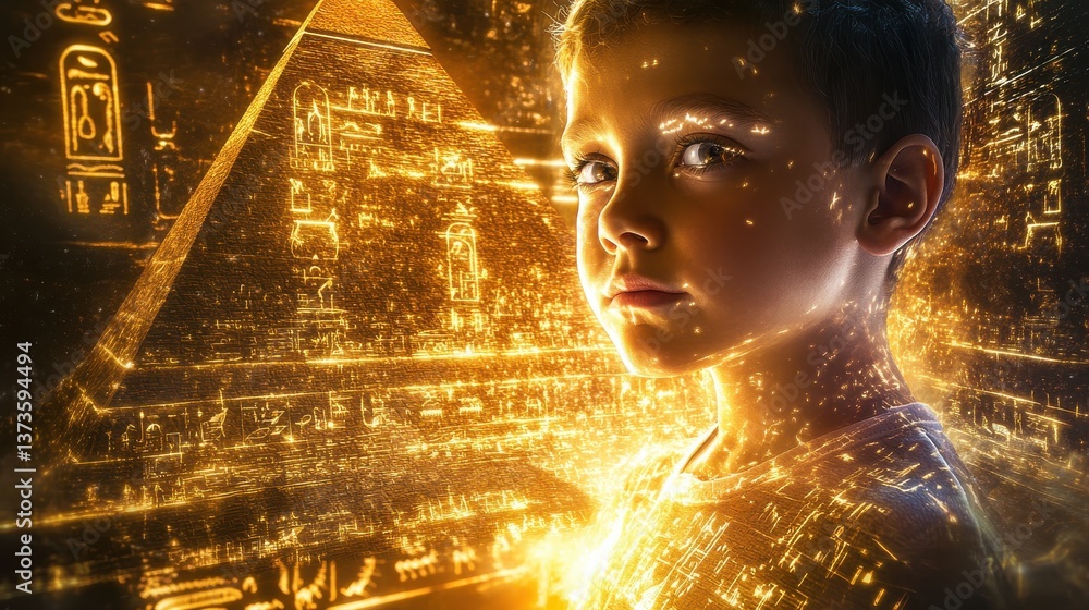Leinwandbilder surreal portrait of a glowing child against an ancient pyramid backdrop at twilight, combining wonde