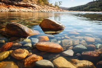 realistics A peaceful dance of reflections and textures unfolds as rocks and water harmoniously coexist on serene riverbank or shore