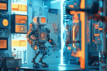 Robotic entity in a futuristic laboratory surrounded by glowing screens and equipment