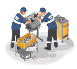 Gardinen Two auto technicians assembling and inspecting a car engine in a professional maintenance workshop with tools and spare parts around isometric isolated cartoon © AllahFoto