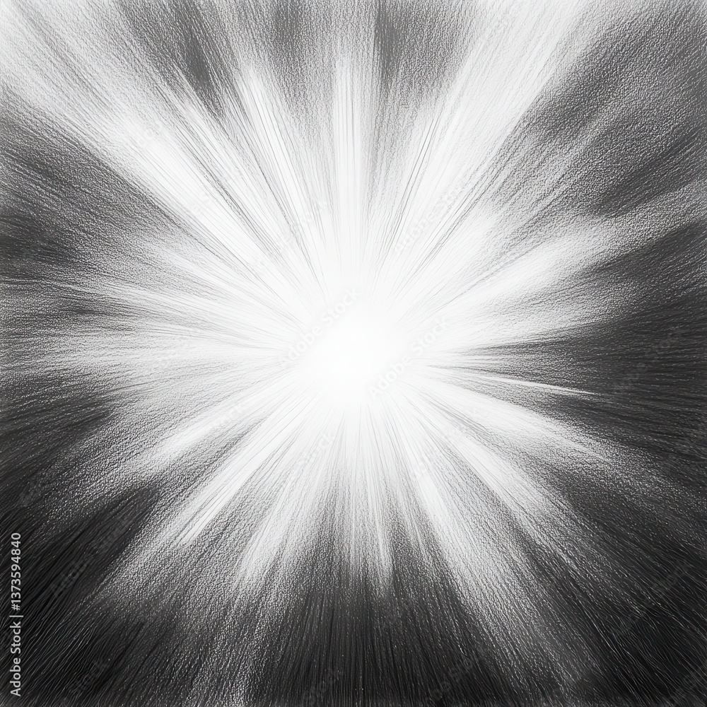 Poster starburst explosion radiating brilliant light in a dynamic sketch captured in black and white tones
