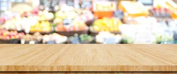 Table and blur background, Wooden counter over blur bokeh light background, Brown wood table top, shelf for food and retail shop, store product display backdrop, banner, mockup, template