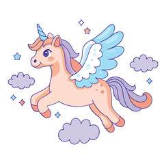 Cute cartoon unicorn flying through the clouds with wings