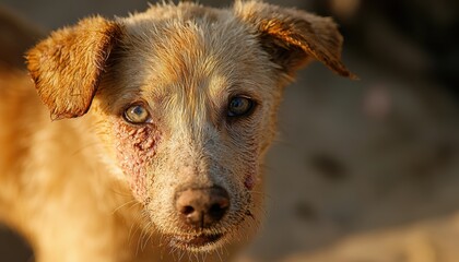 Obraz premium Stray dog with crusty nose skin lesion urban environment pet photography sunlit background close-up view animal welfare awareness