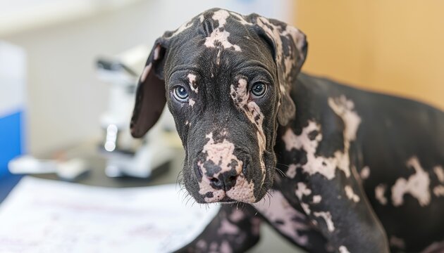 Demodectic mange treatment for dogs veterinary clinic image series indoor close-up health awareness