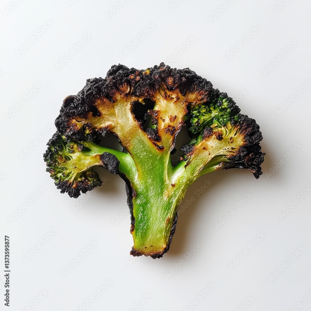 Poster roasted broccoli floret with charred edges showcasing vibrant green and deep brown hues on a simple 